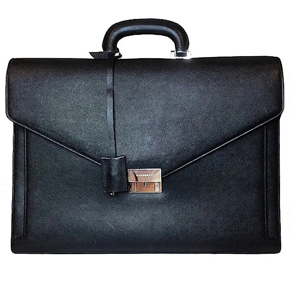 BURBERRY Black Saffiano Leather Briefcase Silver Lock Clochette Key Fully Lined